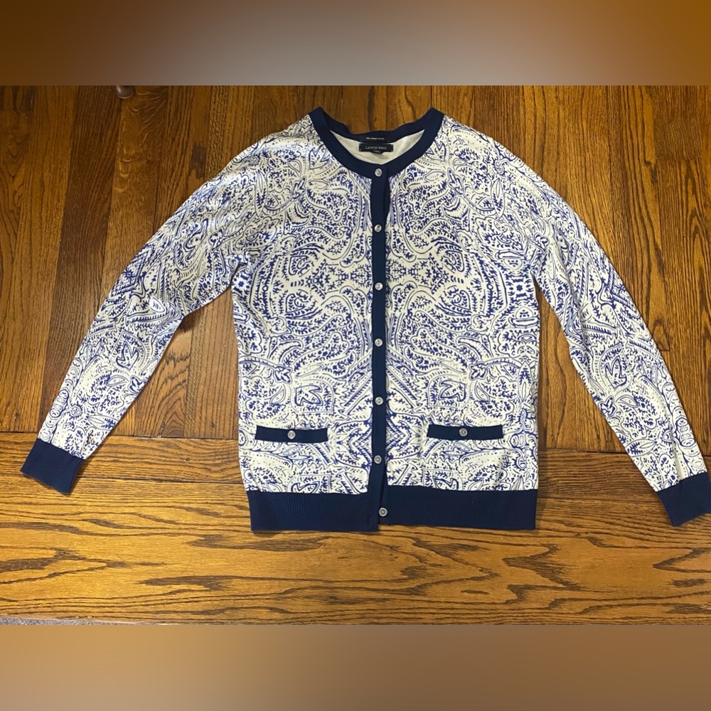 Paisley Print Navy Trim Lands End Cardigan Sweater - Women